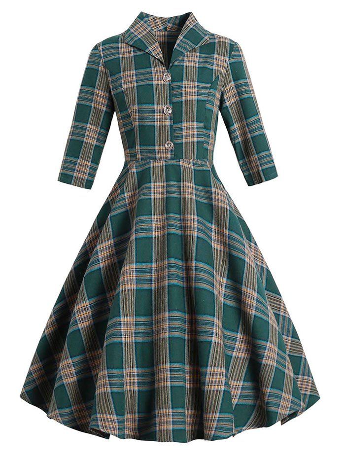 Vintage Plaid Mock Button Dress - GREEN S