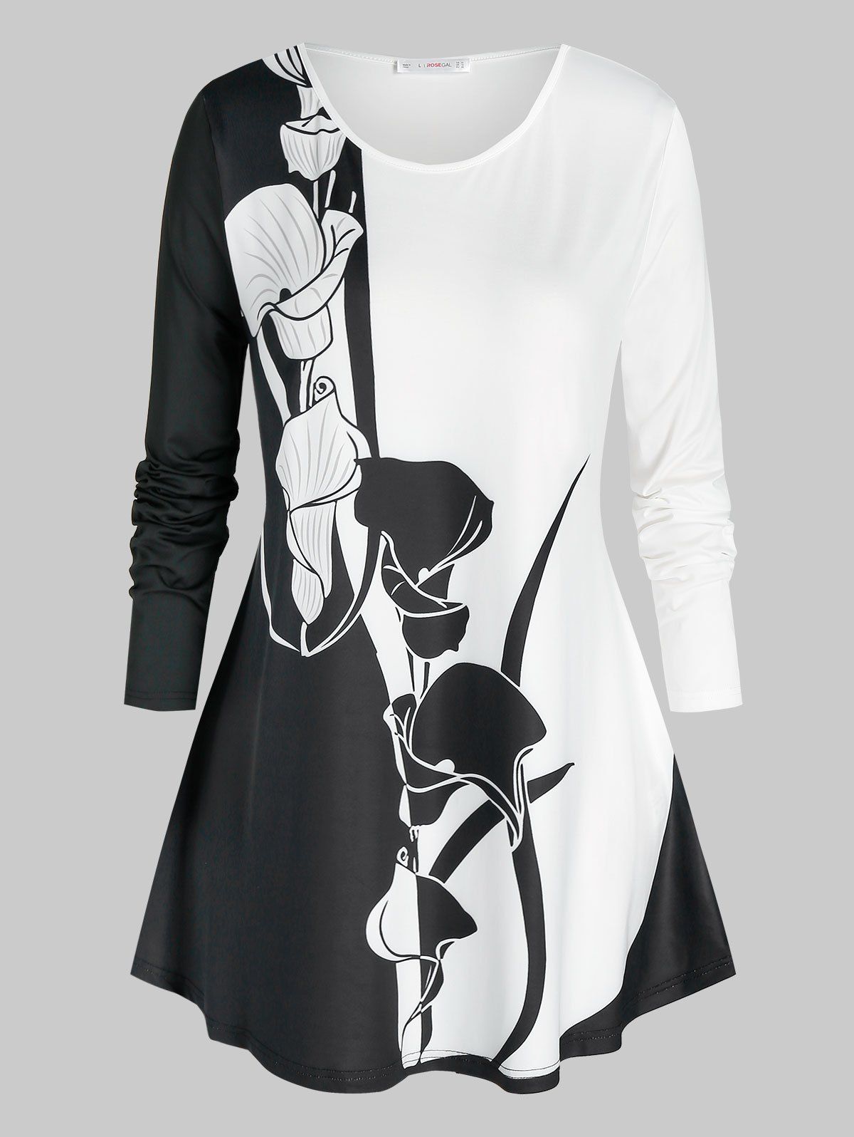 T-shirt Bicolore Imprimé Fleuri de Grande Taille - Noir 4X