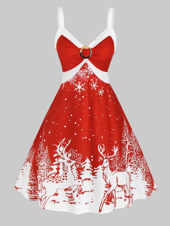 Robe de Noël Anneau en O à Imprimé Cerf de Grande Taille - Rouge 1X