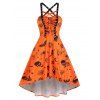 Robe d'Eté Haute Basse à Imprimé Crâne Animal à Bretelle Croisée au Dos - Orange Halloween M