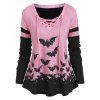 T-shirt d'Halloween Chauve-souris Imprimé Manches Raglan à Lacets - Rose clair XXXL
