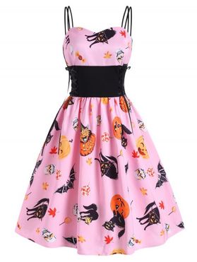 A Line Knee Length Dress Halloween Pumpkin Bat Skull Print Lace Up Corset Waist Dress