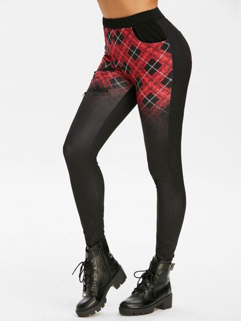 Pantalon Moulant à Carreaux Orné de Zip avec Poche
