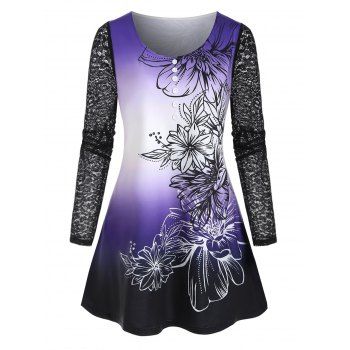 

Plus Size Lace Sleeve Ombre Floral Print Tee, Purple