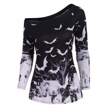 

Tree Bat Print One Shoulder Ralgan Sleeve Knitwear, Black