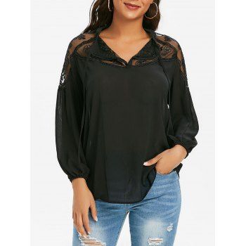 

Mesh Embroidery Tie Sheer Lantern Sleeve Blouse, Black