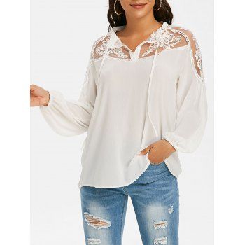 

Mesh Embroidery Tie Sheer Lantern Sleeve Blouse, White