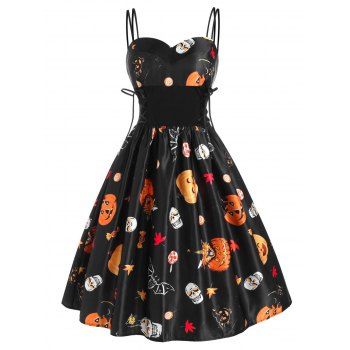 

Halloween Pumpkin Bat Skull Print Lace Up Dress, Black