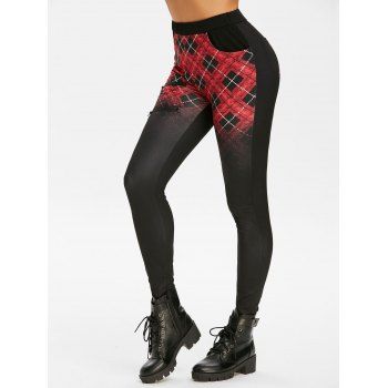 

Plaid Pocket Zipper Embellished Skinny Pants, Red