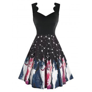 

Stars Cat Print Scalloped Knee Length Dress, Black