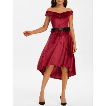 

Off The Shoulder Velvet High Low Dress with Lace Belt, Deep red