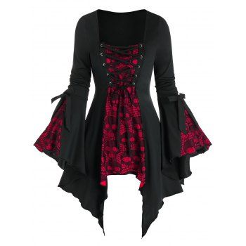 

Halloween Skull Lace Insert Lace-up Handkerchief T-shirt, Multicolor a