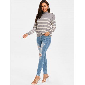 Mock Neck Buttoned Striped Sweater