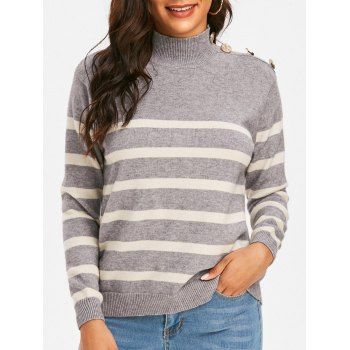 

Mock Neck Buttoned Striped Sweater, Gray