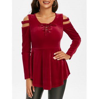 

Lace Up Velvet Cold Shoulder Tee, Red wine