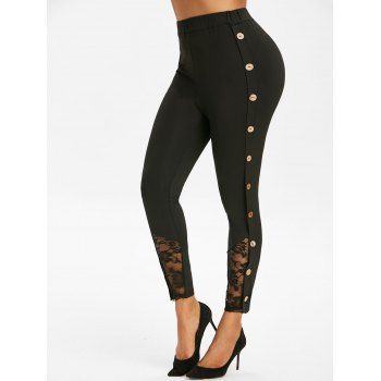 

Lace Insert Mock Button Ninth Leggings, Black