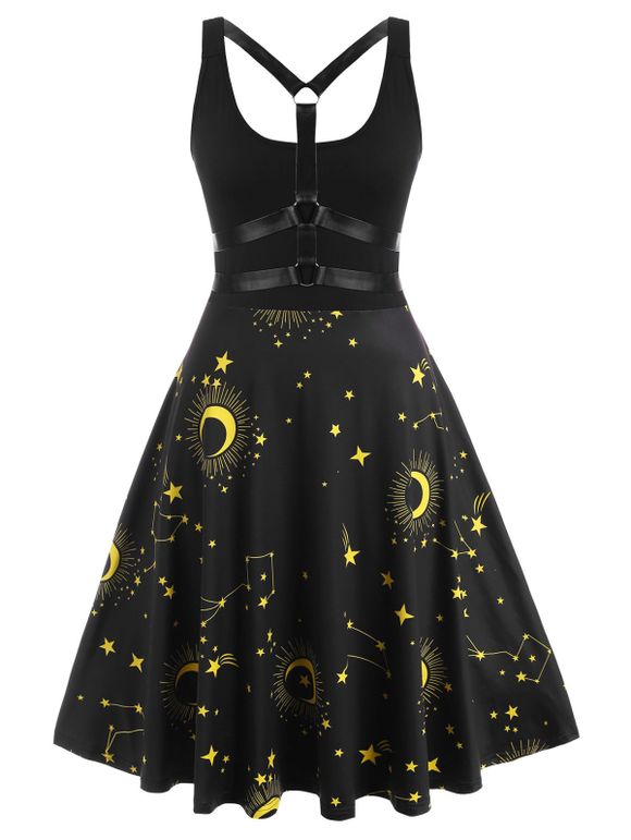 Robe à Imprimé Etoile Lune à Bretelle Anneau en O au Dos de Grande Taille - Noir L