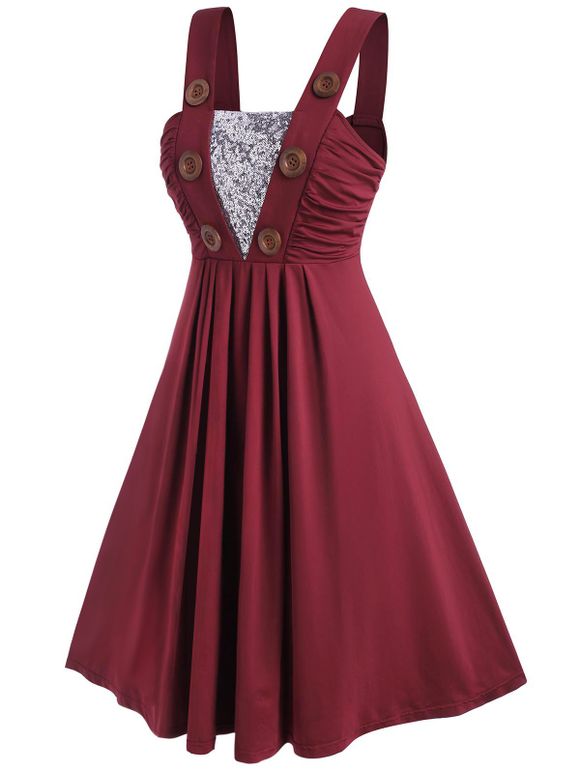 Robe Embellie de Bouton Plissée de Grande Taille à Paillettes - Rouge foncé 5X