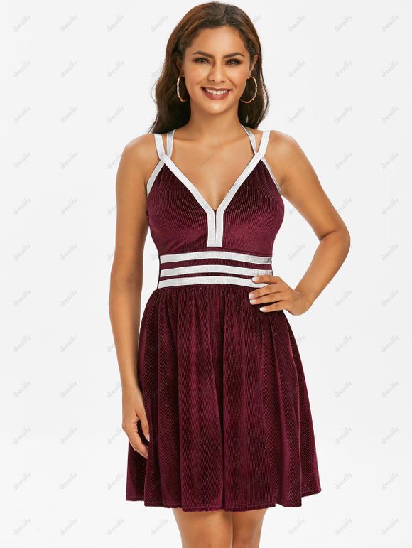 Robe Côtelée à Bretelle Métallique en Velours - Rouge foncé M