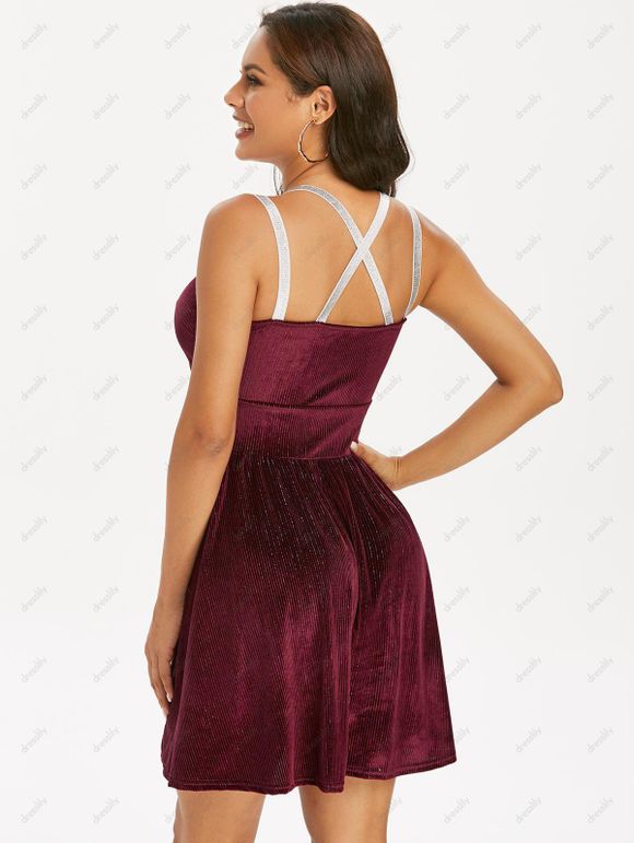 Robe Côtelée à Bretelle Métallique en Velours - Rouge foncé M