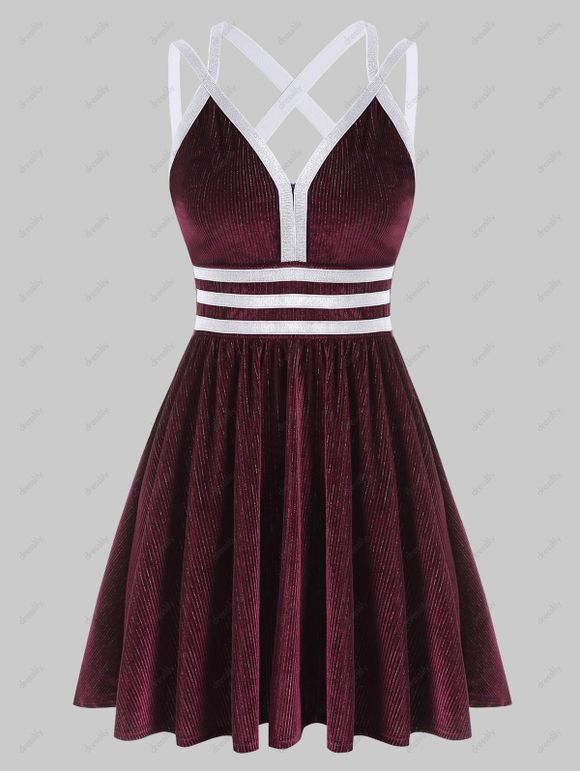 Robe Côtelée à Bretelle Métallique en Velours - Rouge foncé M