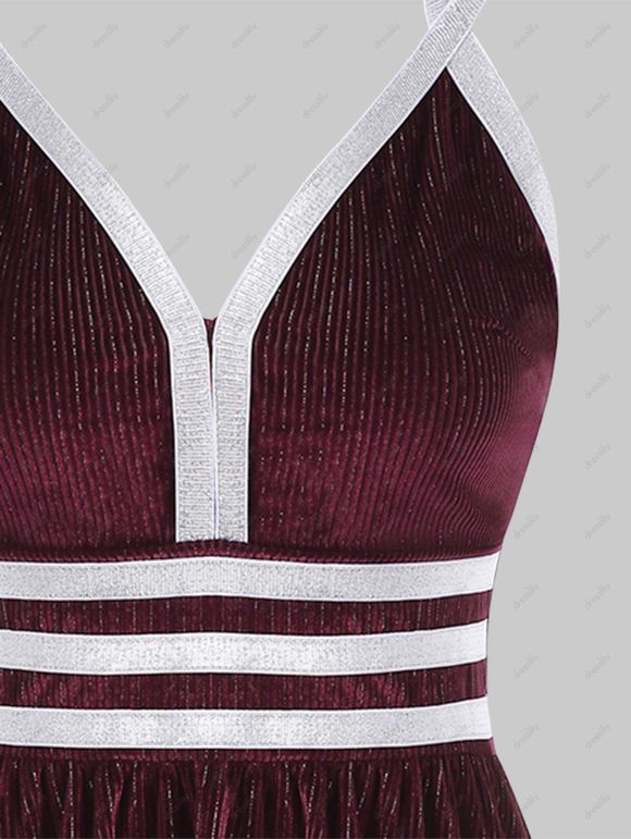 Robe Côtelée à Bretelle Métallique en Velours - Rouge foncé M