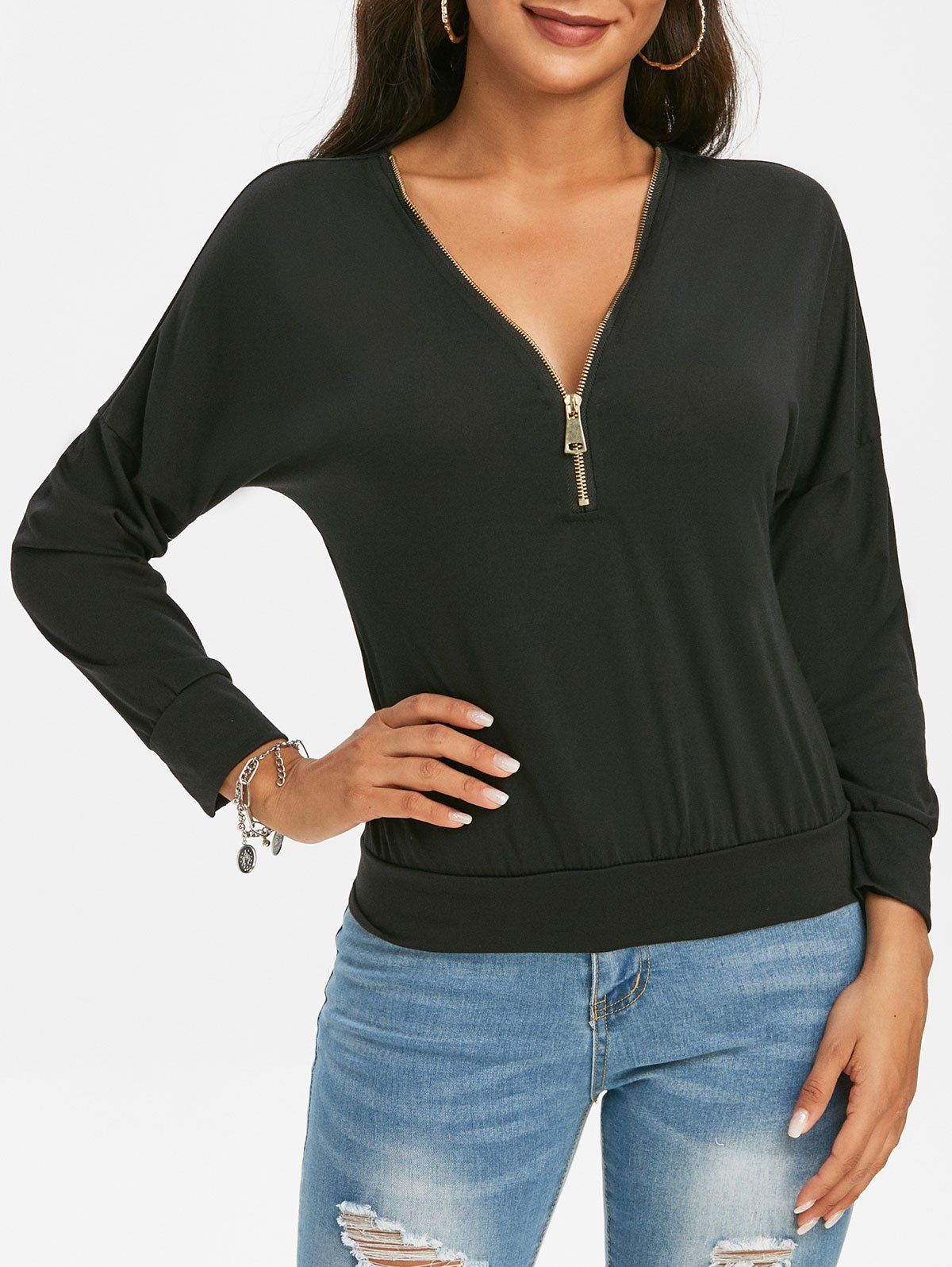 Half Zip V Neck Drop Shoulder Sweatshirt - BLACK XL