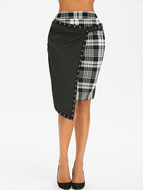 Gothic Plaid Asymmetric Eyelet Buckle Skirt - BLACK XL