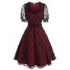 Vintage Lace Overlay A Line Dress Puff Sleeve Sweetheart Neck Mid Calf Party Dress - RED M