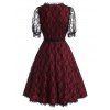 Vintage Lace Overlay A Line Dress Puff Sleeve Sweetheart Neck Mid Calf Party Dress - RED M