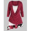 T-shirt Tressé Fleur avec Poche en Avant de Grande Taille à Manches Longues - Rouge Vineux L