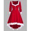 Robe de Noël Bicolore de Grande Taille à Manches Longues en Velours - Rouge Lave 2X
