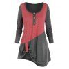 T-shirt Tunique Bicolore Boutonné Grande Taille à Manches Longues - Gris 5X