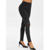 Legging Moulant Clouté Panneau en Dentelle à Taille Elastique - Noir L