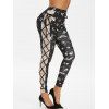 Pantalon Moulant d'Halloween Chat Crâne et Chauve-souris Imprimés en Dentelle Insérée à Lacets - Noir L