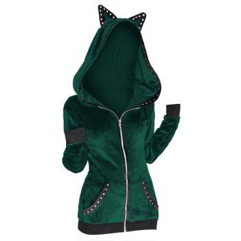 

Grommet Trim Zip Up Gothic Hooded Jacket, Deep green