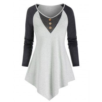 

Raglan Sleeve Asymmetric Contrast T-shirt, Light gray