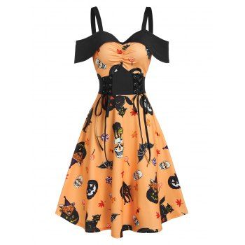 

Halloween Pumpkin Animal Print Lace Up Ruched Midi A Line Dress, Bee yellow