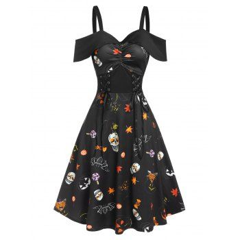 

Halloween Pumpkin Animal Print Lace Up Ruched Midi A Line Dress, Black