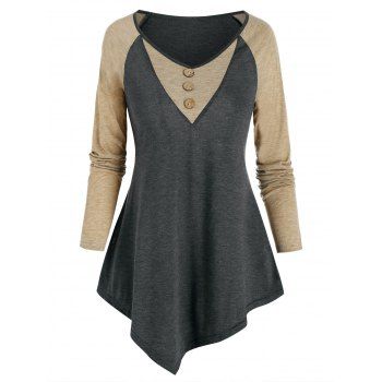 

Raglan Sleeve Asymmetric Contrast T-shirt, Dark slate grey