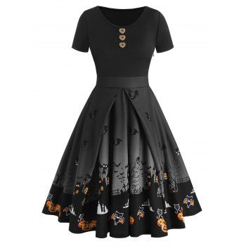 

Halloween Buttons Bat Pumpkin Castle Print Dress, Natural black