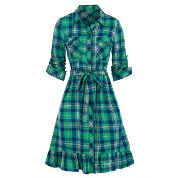 

Plaid Print Double Pockets Belted Shirt Dress, Blue hosta