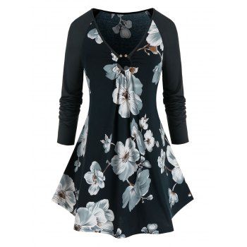 

Plus Size Flower Pattern Raglan Sleeve Tunic Tee, Medium turquoise