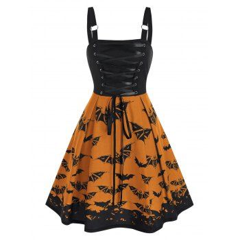 

Lace Up Bat Print High Waist Cami A Line Dress, Halloween orange