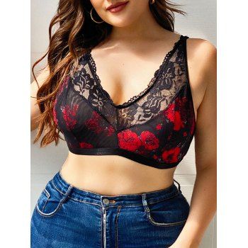 

Plus Size Floral Print Lace Trim Mesh Bra, Black