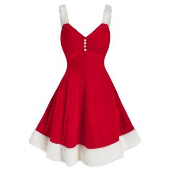

Christmas Faux Fur Insert Velvet Flare Dress, Red