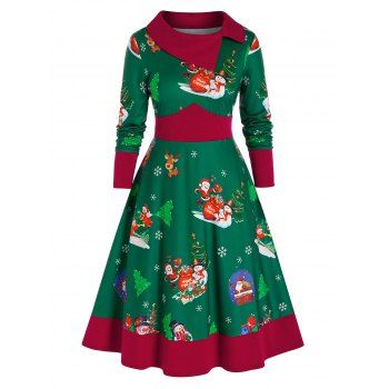 

Plus Size Christmas Santa Claus Snowflake A Line Dress, Sea green