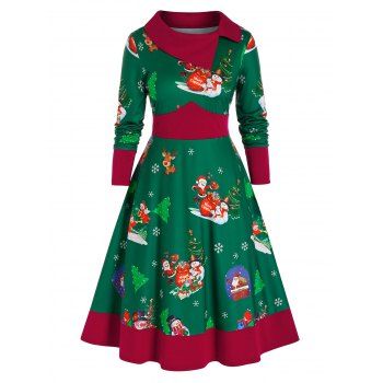 

Plus Size Christmas Santa Claus Snowflake A Line Dress, Sea green