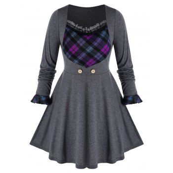 

Plus Size Plaid Ruffle Cuff A Line Tunic Tee, Dark slate grey