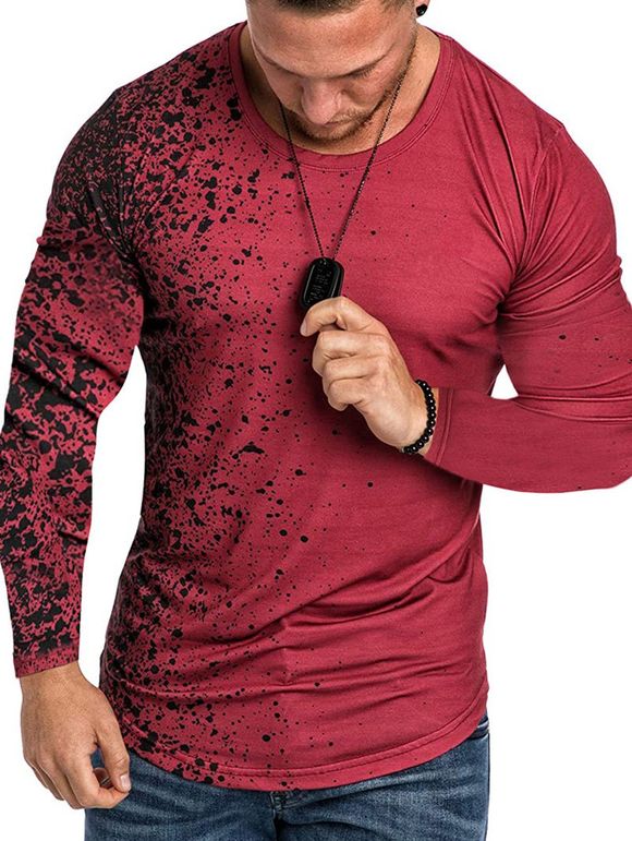 T-Shirt Contrasté Imprimé à Pois à Ourlet Courbe - Rouge M